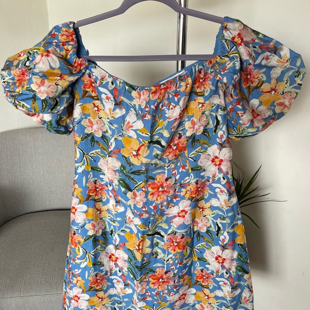 Astr Floral Off-Shoulder Dress with Puffed Sleeves - Blue, Yellow, and Pink